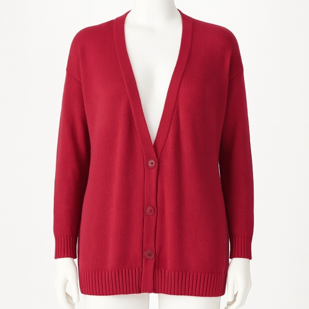 Vintage Y2K 100% Cotton Longline Button Cardigan‎ Sz L Red Preppy Fisherman Twee